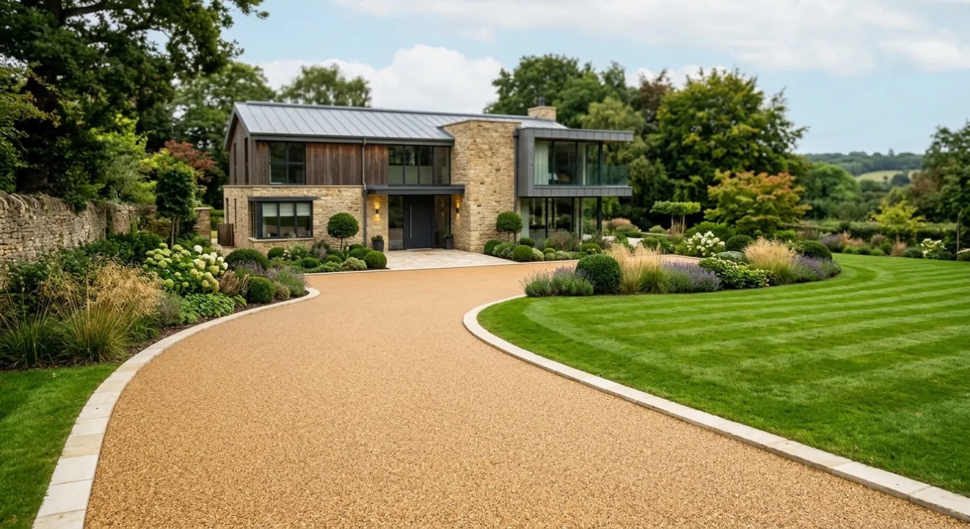 Resin bound driveway framing a modern home