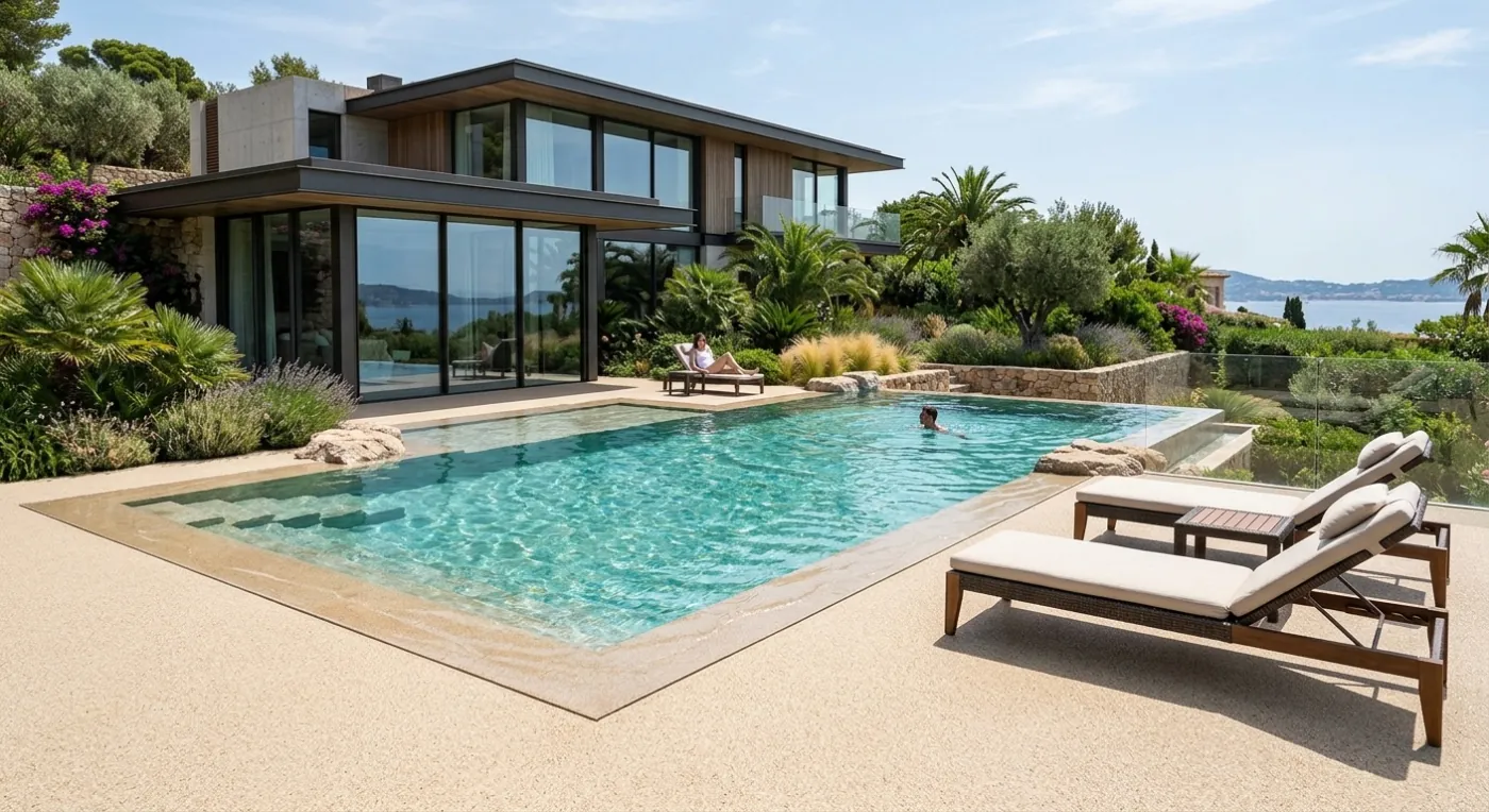 Resin bound for the pool surround - an elegant, slip-resistant finish.
